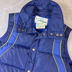 VTG Skitique 80% Down Puffer Vest Mens L Blue Yellow Zip Snap Front 70/80's Ski*